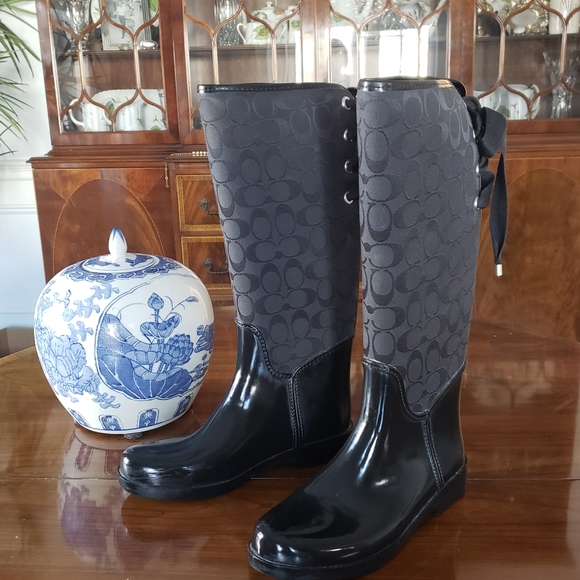 Coach Shoes - Coach Tristee Black Signature C Logo Tall Waterproof Rainboots Sz 9